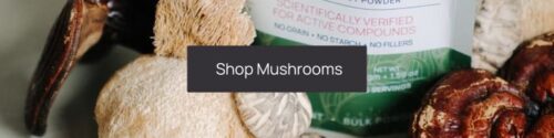 Assortment of mushrooms and packaged mushroom supplements displayed on a counter with a "Fall health tips" sign overlay.