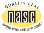 NASC Quality Seal logo. "nasc" in bold black letters on a yellow oval, surrounded by "Quality Seal National Animal Supplement Council.